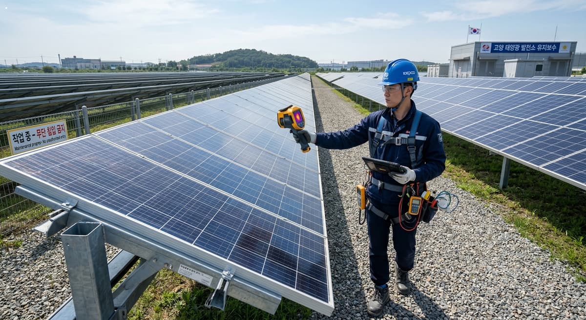 안전 장비를 갖춘 한국인 엔지니어가 태양광 패널(solar panels) 사이를 걸으며 열화상 카메라(thermal imaging camera)와 전문 측정 장비로 상태를 꼼꼼하게 점검하는 photorealistic 8k highly detailed image.