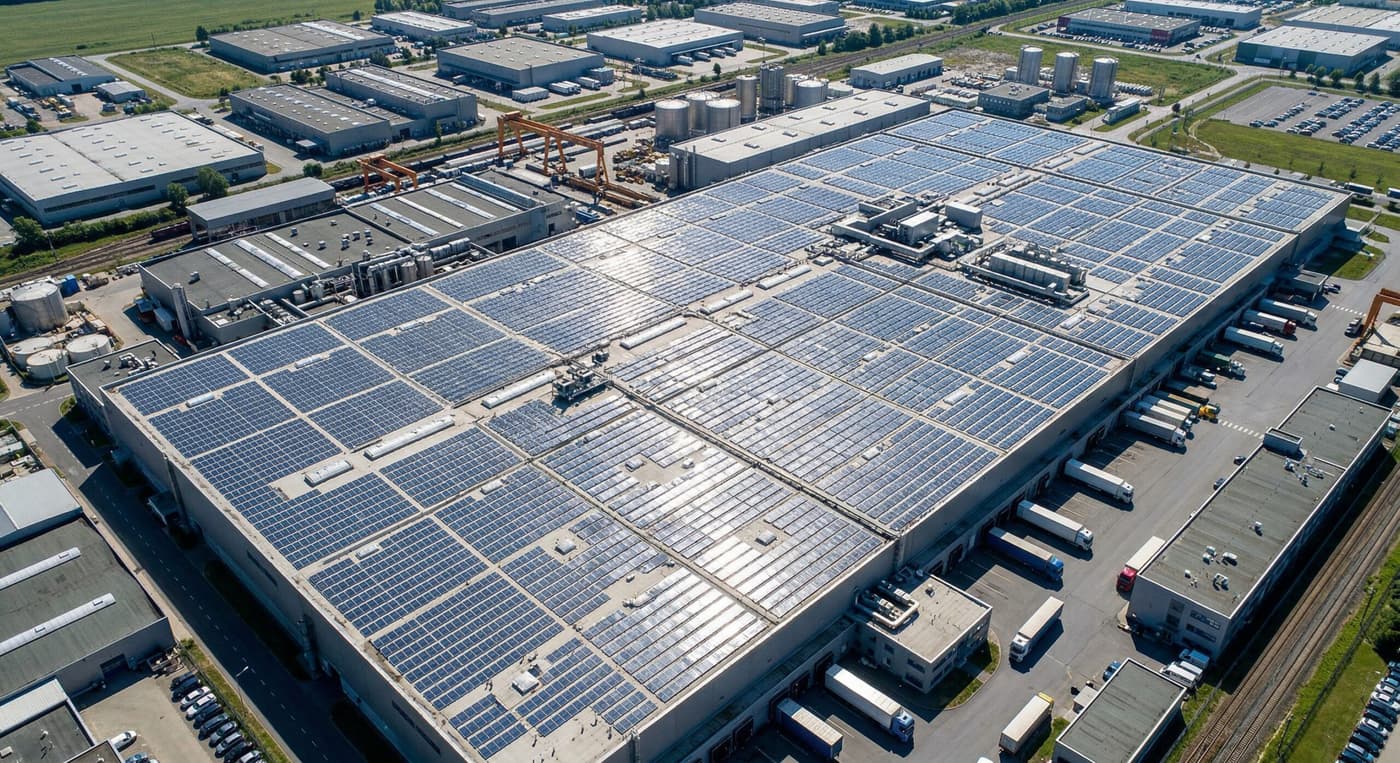 대규모 산업 단지 지붕에 정밀하게 설치된 태양광 패널(solar panels)이 직사광선(sunlight)을 반사하는 8K 드론 샷(drone shot), photorealistic 렌더링.