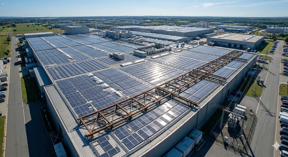 거대한 공장 지붕에 설치된 대규모 태양광 발전소(Solar Power Plant)의 고해상도 드론 항공 촬영 이미지. 견고한 PosMAC 구조물과 정렬된 태양광 패널이 PBR 기술로 사실적으로 구현되었습니다.