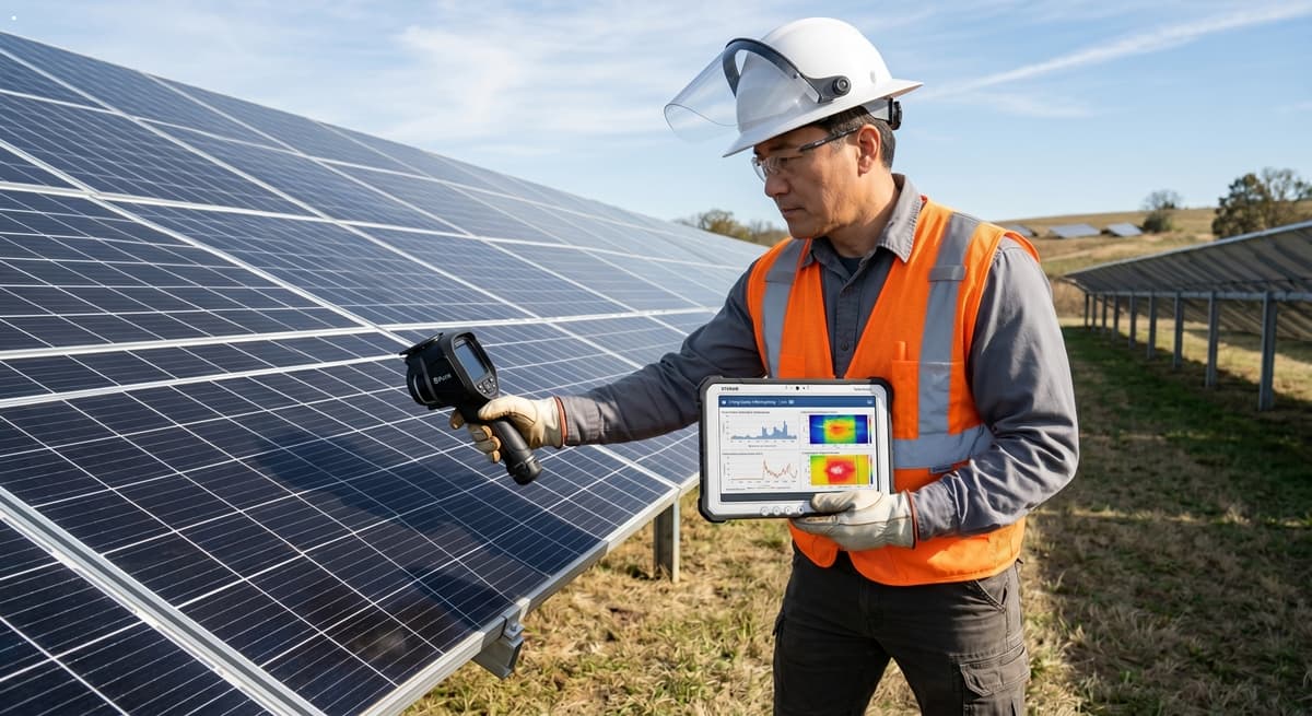 Hoogwang Electric maintenance expert certified Korean Energy Agency thermal camera tablet solar panel inspection full safety gear