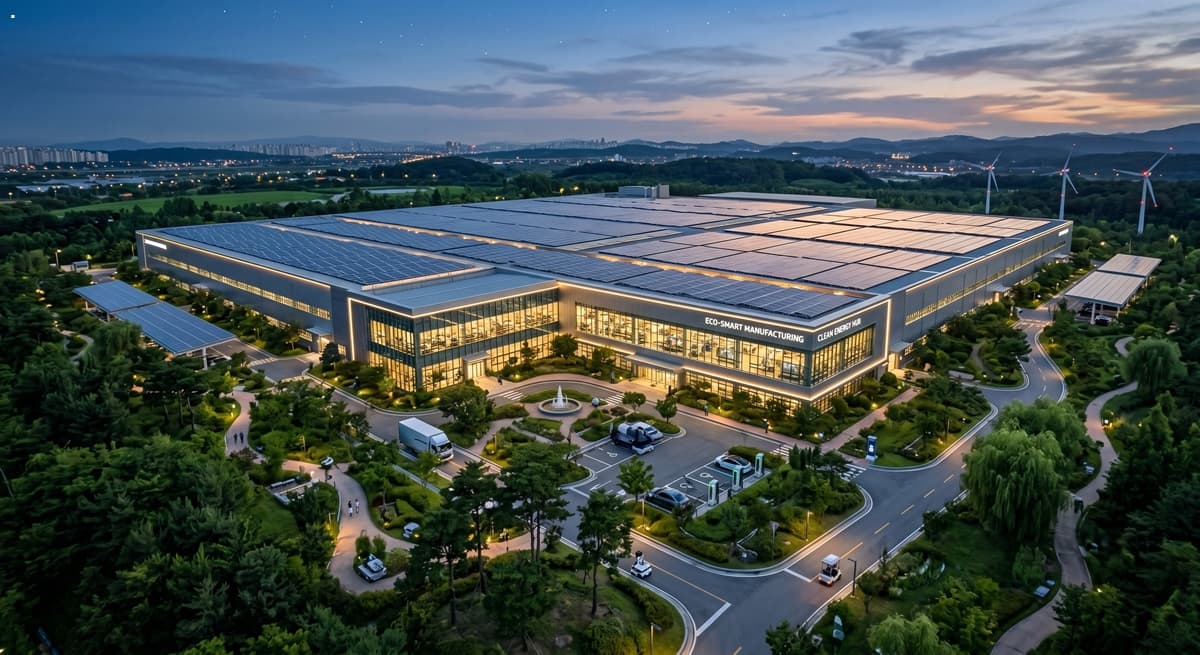 A nighttime view of a modern smart factory in 충청도 with solar panels on its roof, surrounded by green spaces and illuminated with warm lights, a Clean Energy Hub. 지붕에 태양광 패널이 설치된 충청도 스마트 팩토리의 야경. 녹지와 조명이 어우러진 클린 에너지 허브.